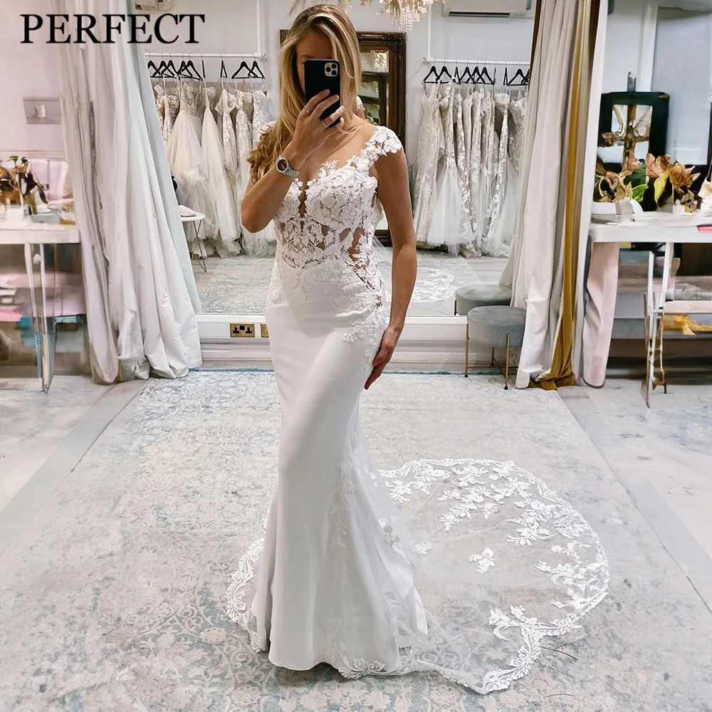 

PERFECT Charming Wedding Dresses For Woman Mermaid V-Neck Cap Sleeves Appliques Satin Court Train Luxury Backless robe de mariée