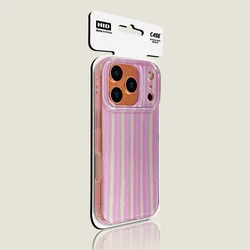 Luxury Contrasting Color Stripes Pattern Glossy Shockproof Phone Case - iPhone 15 (Pink White)
