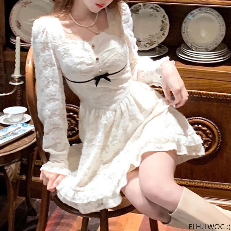 

2024 Date Girls Little Small Dress Party Mini Lolita Style Girls Cute A Line Bow Tie White Lace Sanding Dresses Women Vestidos