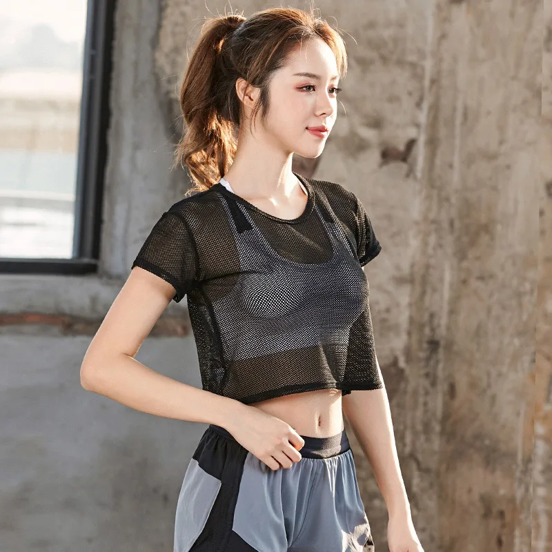 

2023 Summer Women's Mesh T-shirt Sexy Breathable Hollow Mesh Breathable Quick Dry Tops Blouse Fitness Running