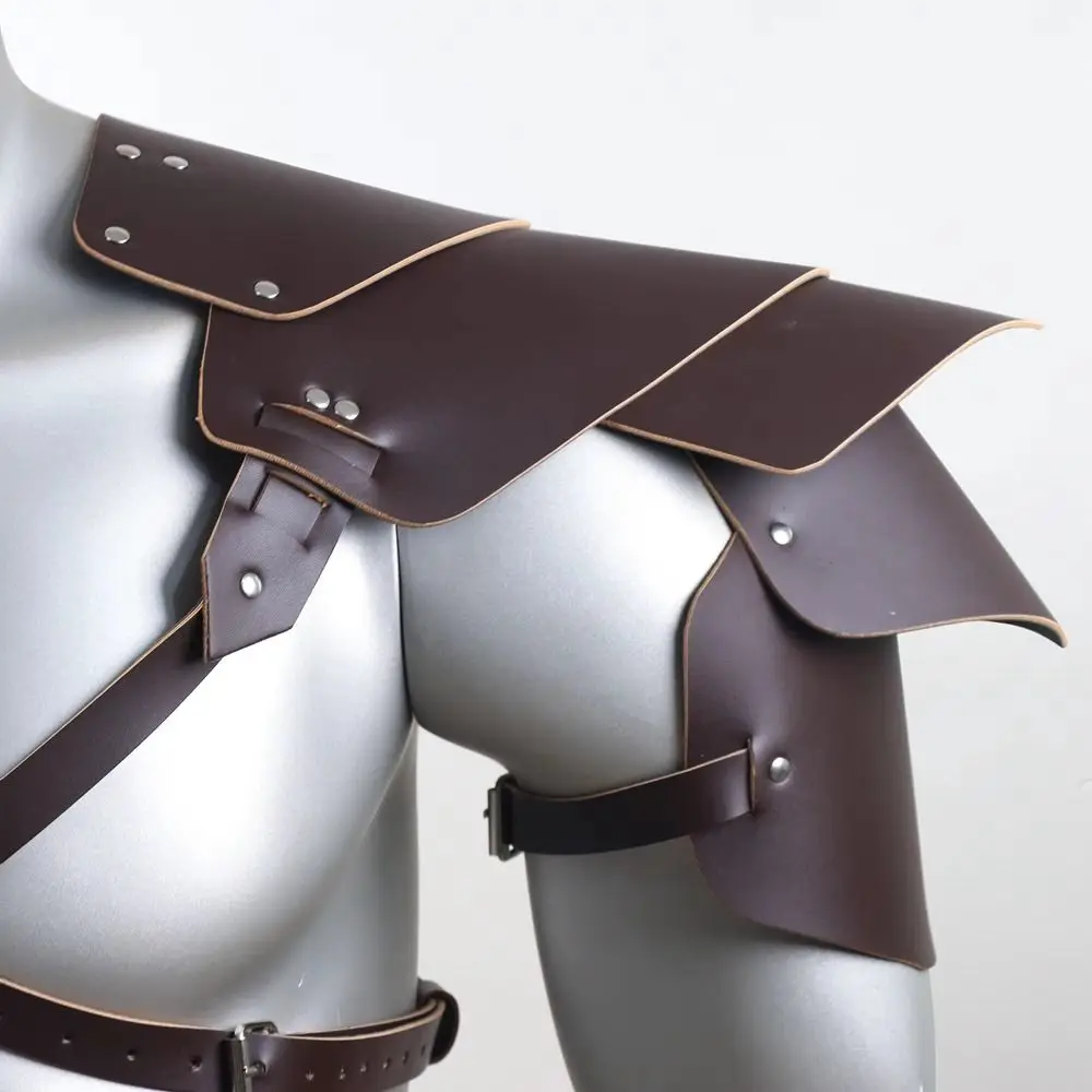 Black PU Leather Gothic Double Shoulder Armor Guards - Medieval Viking LARP Battlegear