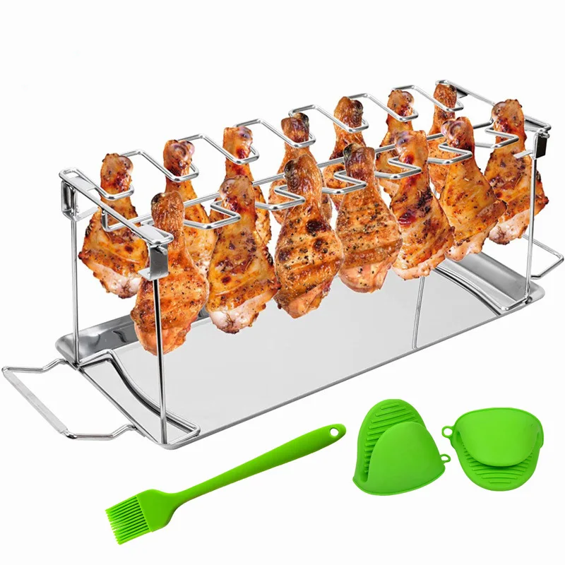 

14 Slots Stainless Steel Grill Rack BBQ Beef Chicken Leg Wing Barbecue Drumsticks Holder Smoker Oven Roaster Stand With Drip Pan