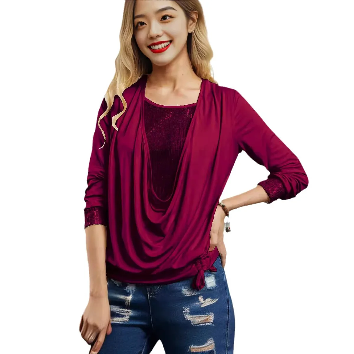 Sequined Patchwork Long Sleeve Loose Fit Women Tshirt