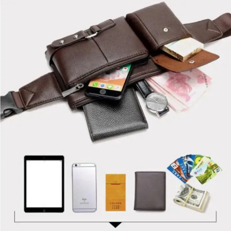 Vintage PU Leather Business Shoulder Bag Travel Sports Outdoor Sling Pack Messenger Pack Business Chest Waist Bag for Male