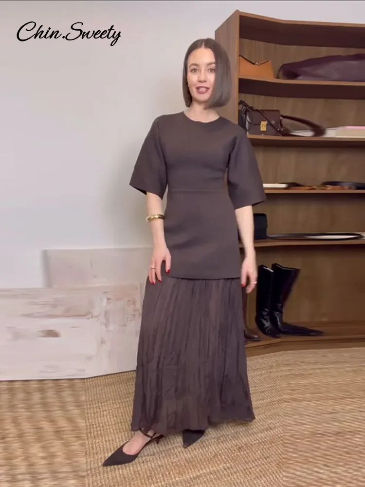 Elegant Patchwork Long Dress Women Brown O-neck Half Sleeve Slim Pleat Dresses Female 2025 Spring Summer Lady High Street Robes 2