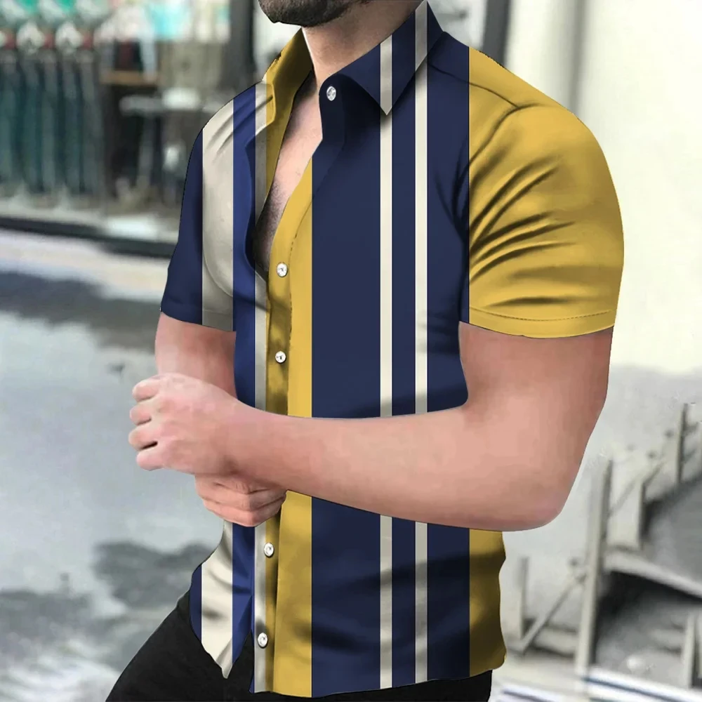 Camisa de manga corta con cuello abatible y botones para hombre, informal, cómoda, transpirable, con estampado 3D de rayas de playa para vacaciones