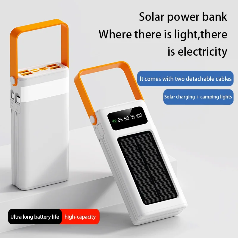 200000mAh Solar Power Bank High-capacity Built-in Cables External Battery LED Light Power Bank For iPhone Samsung Xiaomi 2025 2