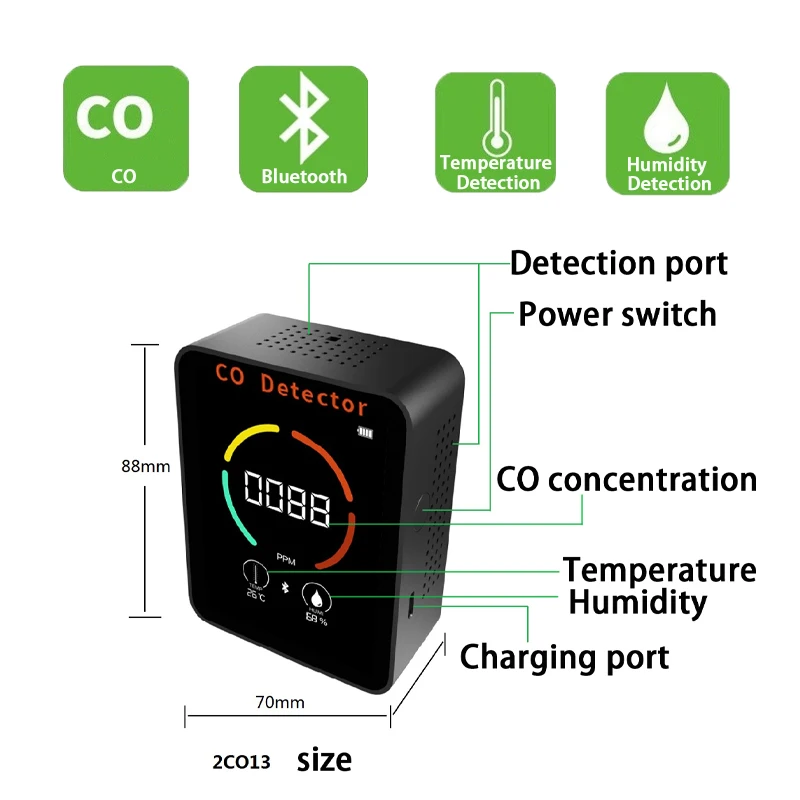 3 In 1 Bluetooth Air Quality Monitor Warning Alarm CO Temperature