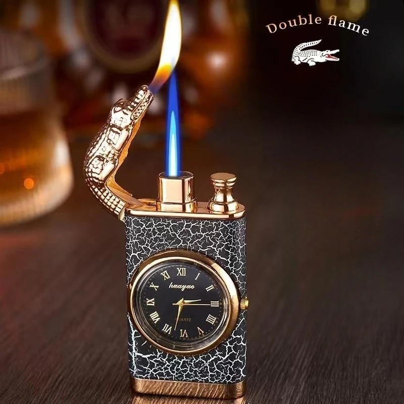 True Watch Crocodile Head Rocker Arm Dual Flame Butane Gas Lighter Press Switch Direct Charge Conversion to Open Flame butane gas lighter