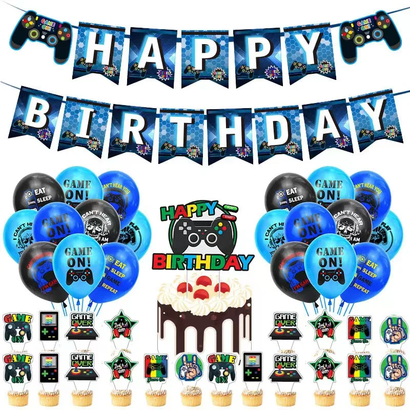 

Game Controller Themed Birthday Party Balloon Set Flag Pulling Cake Card Decoration Set