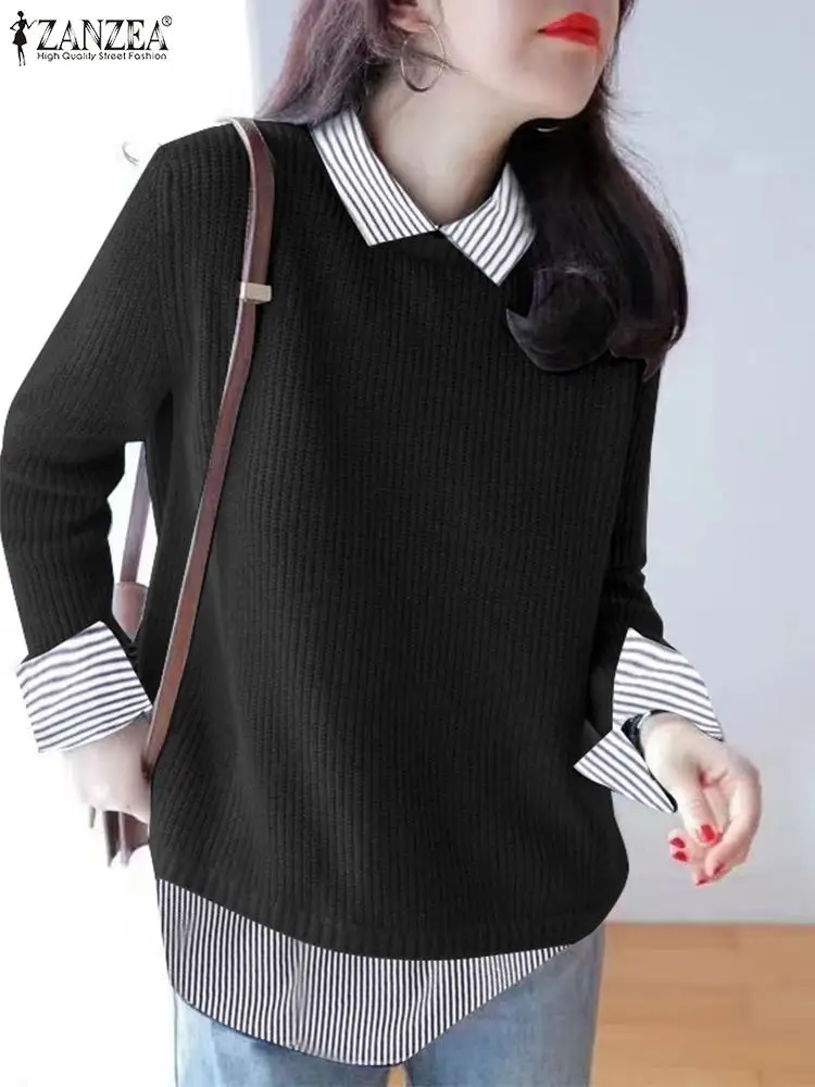 

Модные свитшоты ZANZEA, имитация двух частей, топы, женская офисная блузка с длинным рукавом, пуловер с воротником с лацканами, полосатые толстовки