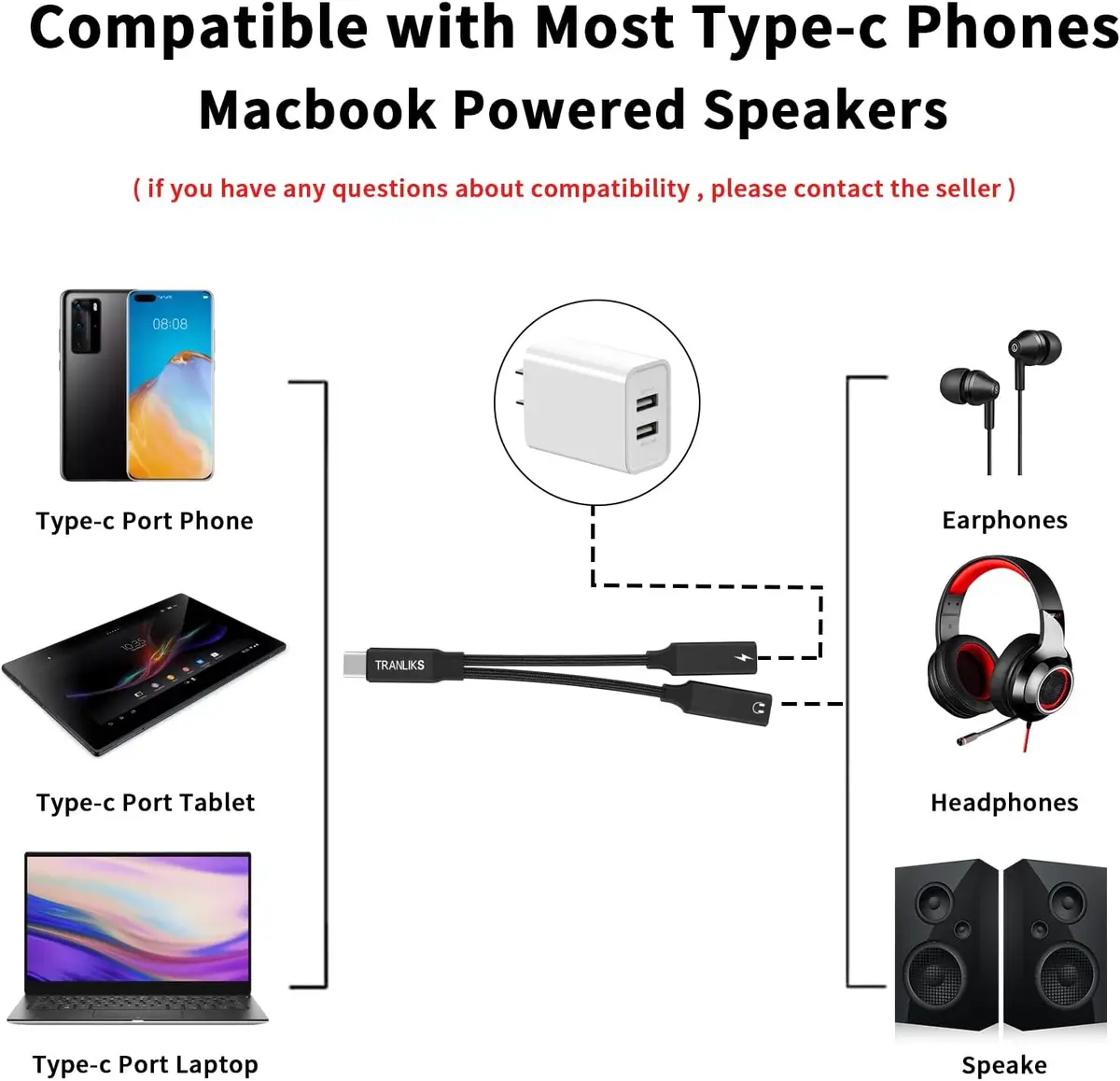 OTG 2 IN 1 USB C Splitter to Dual Type USB C Headphone Jack Audio Adapter PD 60W Fast Charger for Samsung Huawei iPhone15 Xiaomi — view 6
