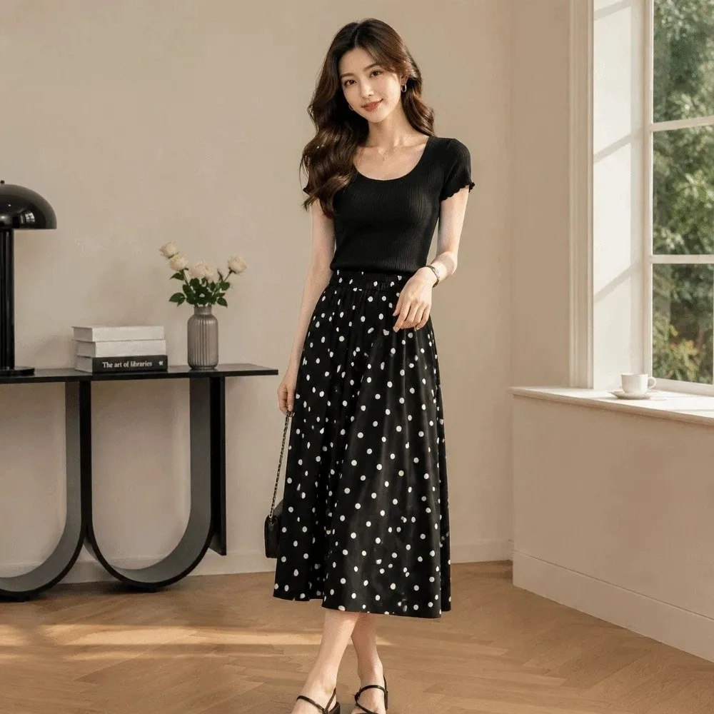 Elegant Elastic Waist Polka Dot Skirt Splicing Design Pleated A-Line Skirt Slim Fit Summer Half-length Dress Wedding Guest
