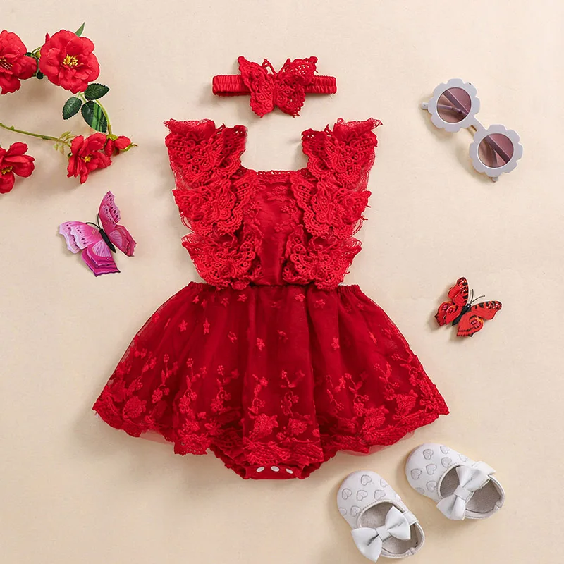 Infant Baby Girls Princess Rompers Dress Lace Butterfly Fly Sleeve Mesh Skirt Hem Jumpsuits with Headband Birthday Party Outfit 4