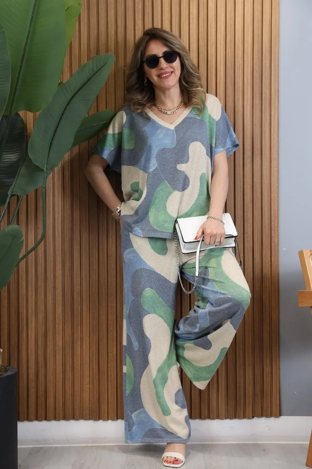 بانت مجموعات البلوز طباعة الخامس الرقبة القمم المر...