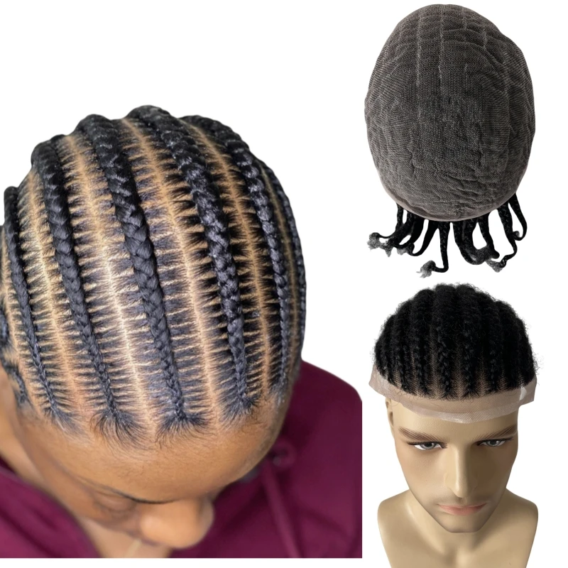 Indian Virgin Human Hair Replacement Black Color Afro Corn Braids 8x10 Full Lace Toupee for Black Men