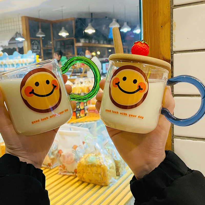 Cute Girl New Smiley Face Mug Home Breakfast Milk Cup with Handle with  Spoon with Lid Glass Cup Drinkware Water Cup - AliExpress