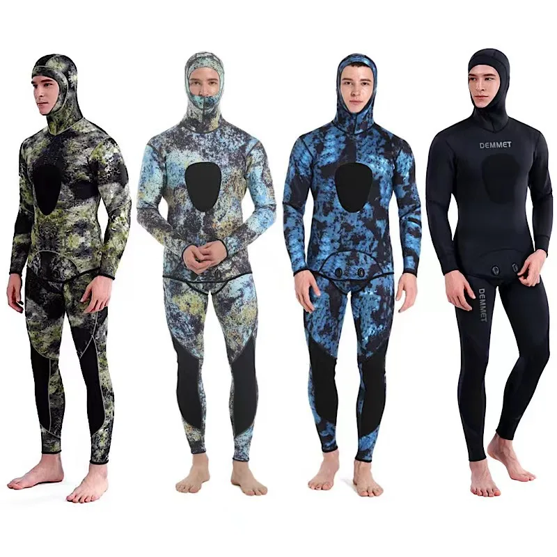 3mm Camouflage Wetsuits Men Spearfishing 2023 Long Sleeve Fission Hooded 2 Pieces Of Neoprene Submersible Keep Warm Diving Suit