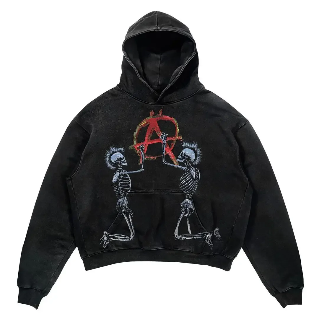 Y2K2023 European and American premiere high street skull print black hoodie men's and women's pullover hooded long sleeved top