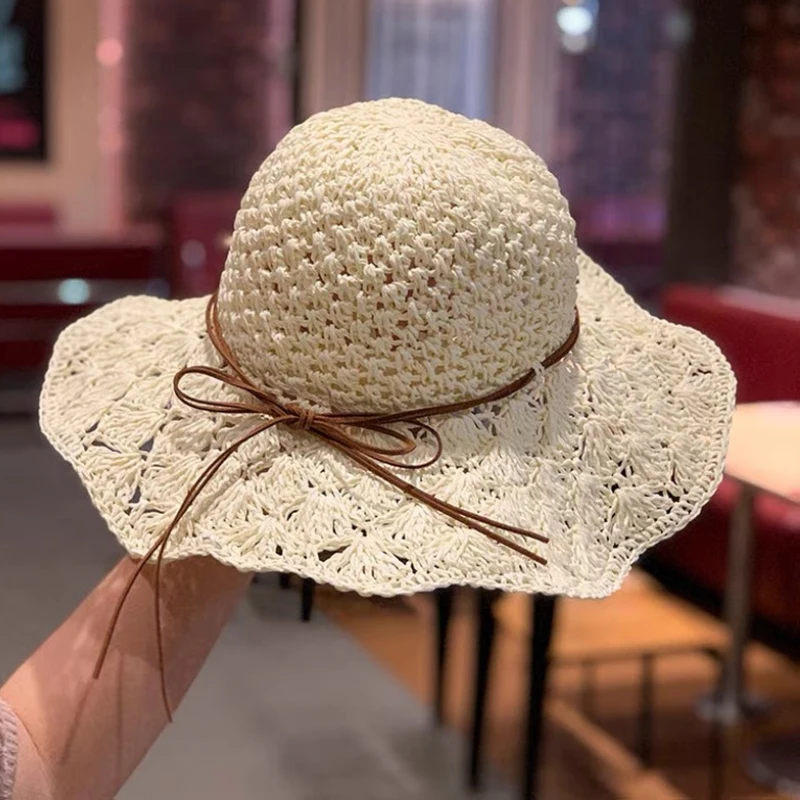 

Handmade foldable straw hats ladies travel beach adjustable hollow cap bow big brim caps fashion joker fisherman hat