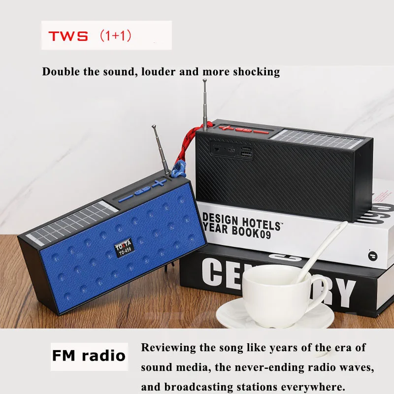 Mini Portable FM Radio Wireless TWS Stereo Sound Box Solar Charging Bluetooth Speaker Handsfree Music player with TF USB Port