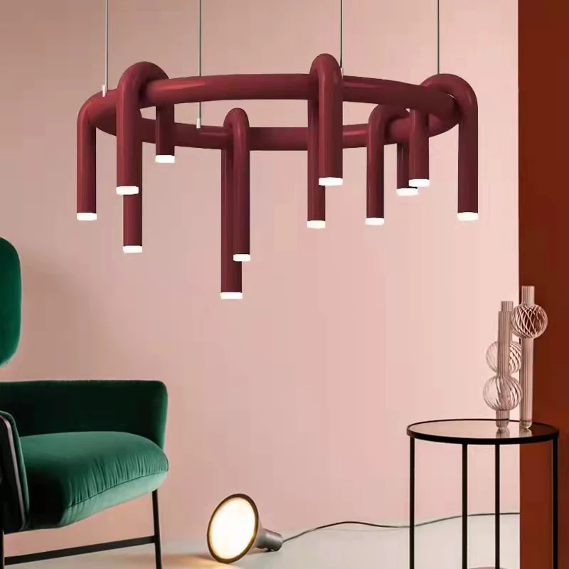 Novelty U-tube LED Chandeliers Living Room Restaurant Hanging Light Fixtures New Art Design Dark Red Black Metal Cord Adjustable