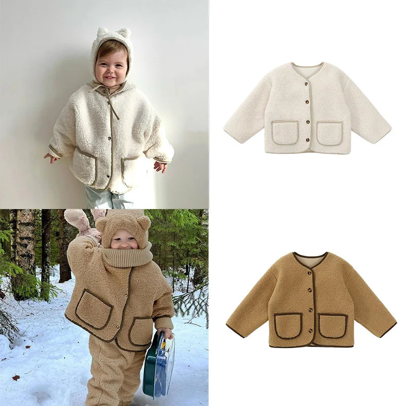 EnkeliBB Toddler Boys and Girls Winter Autumn Jackets White Brown Solid Color Kids Loose Stylish Coats