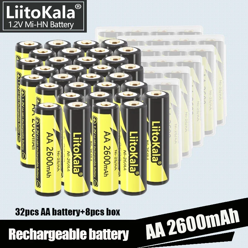

32PCS LiitoKala AA 2600Mah 1.2V 2A Ni-Mh aa Rechargeable Batteries AA Bateria Baterias + 8pcs Battery Hold Case Boxes