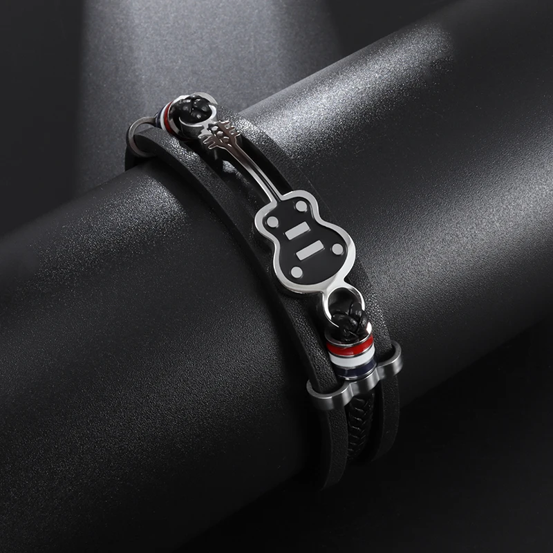 Hip Hop Fashion High Quality Metal Guitar Multilayer Leather Bracelet Men Women Charm Rock Party Jewelry