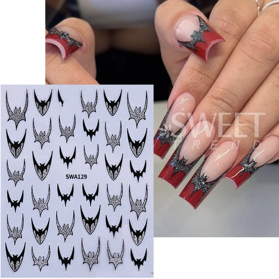 2pcs Halloween Bat Nails Art Stickers Glitter Holographic Gold Silver French Bat Design Adhesive Nail Decals Y2K Manicure Decor