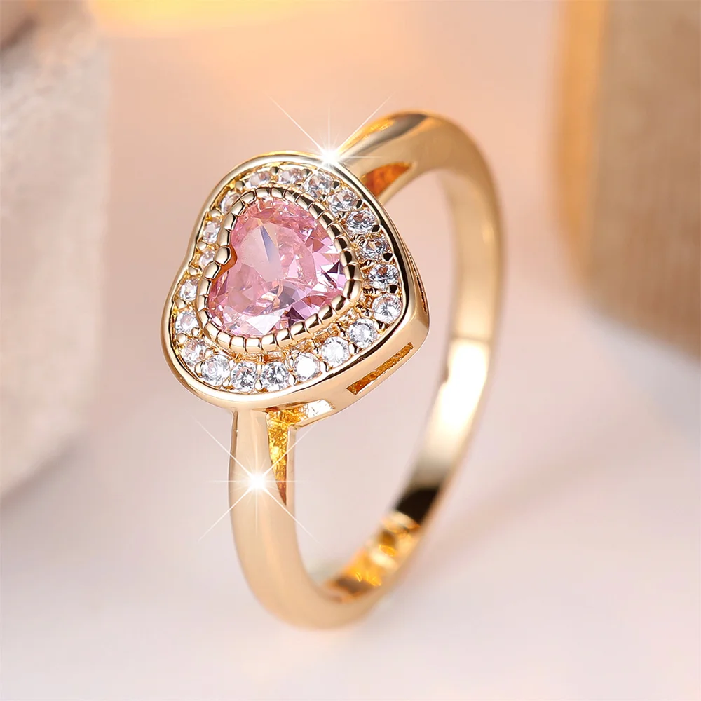 Elegant Pink Crystal Love Heart Zircon Rings For Women Vintage Gold Color Engagement Bands Wedding Jewelry Bridal Birthday Gifts