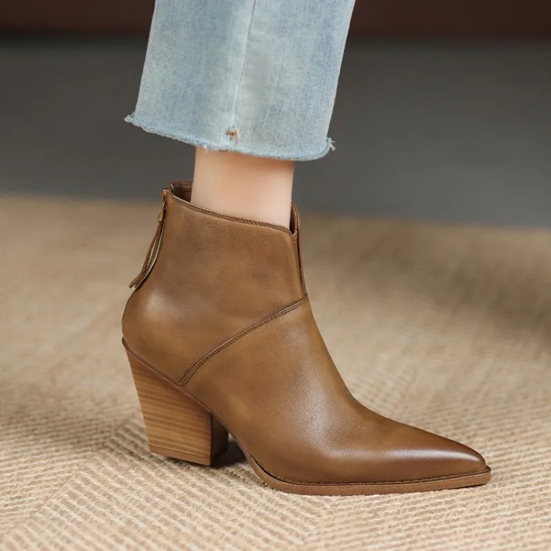 

Women Ankle Boots Genuine Leather Autumn Winter Short Boots Thick Heels Pointed Toe Zipper Shoes Woman Basic Office Lady Boots