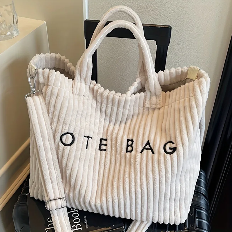 New Style Striped Velvet Handbag Women Shoulder Bag, Large Capacity Crossbody Bags, Versatile Letter Corduroy Women's Tote Bag