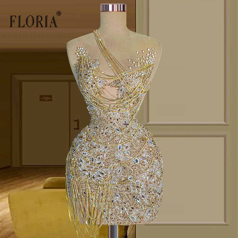 

Gold Chains Heavy Beaded Cocktail Dress Blingbling Rhinestone Birthday Party Wear Gowns Clubbing Night Dresses Custom Made