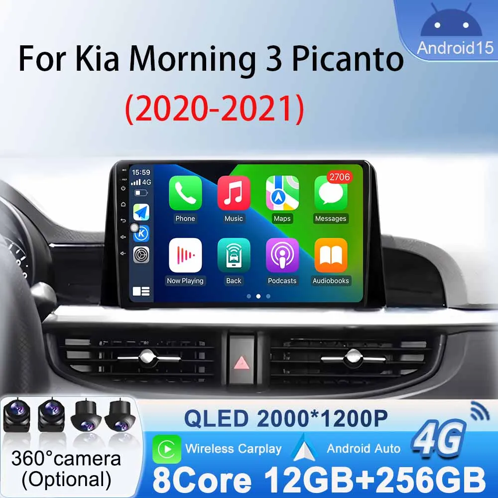 Reproductor Multimedia WIFI BT para KIA Morning 3 Picanto 2020- 2021 Radio de coche Android 15 navegación GPS inalámbrico Carplay Android Auto 1