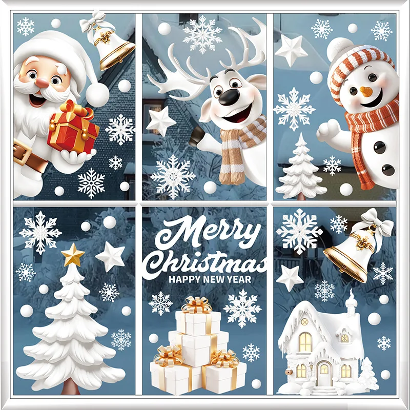 9pcs/set Christmas Window Stickers Santa Claus Xmas Tree Snowflake Glass Decal 2024 Navidad Home Decoration 2025 New Year Gifts
