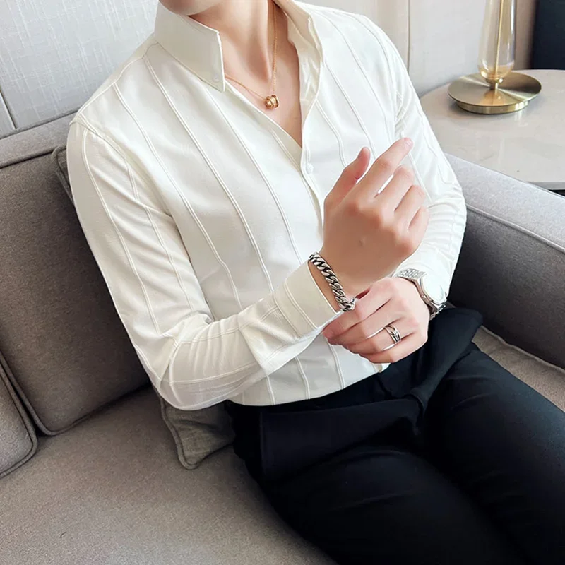 Spring and Autumn  Men's  Taste  V-neck Long-sleeved Top Fashion Light Luxury High-quality Shirt Slim Style Classic Style Design