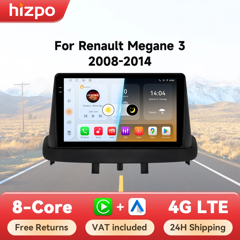 Hizpo Android 14 Auto Radio Für Renault Megane 3 2008-2014 4G Auto Multimedia Player GPS 2din Autoradio Octa core 4G Wifi DSP