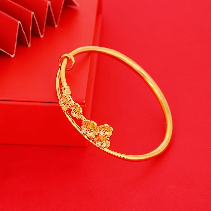 

Boutique Brass plated 24K Gold Flower Bracelet Fashion Ethnic Style Jewelry Imitation Gold Push pull Peach Blossom Bracelet