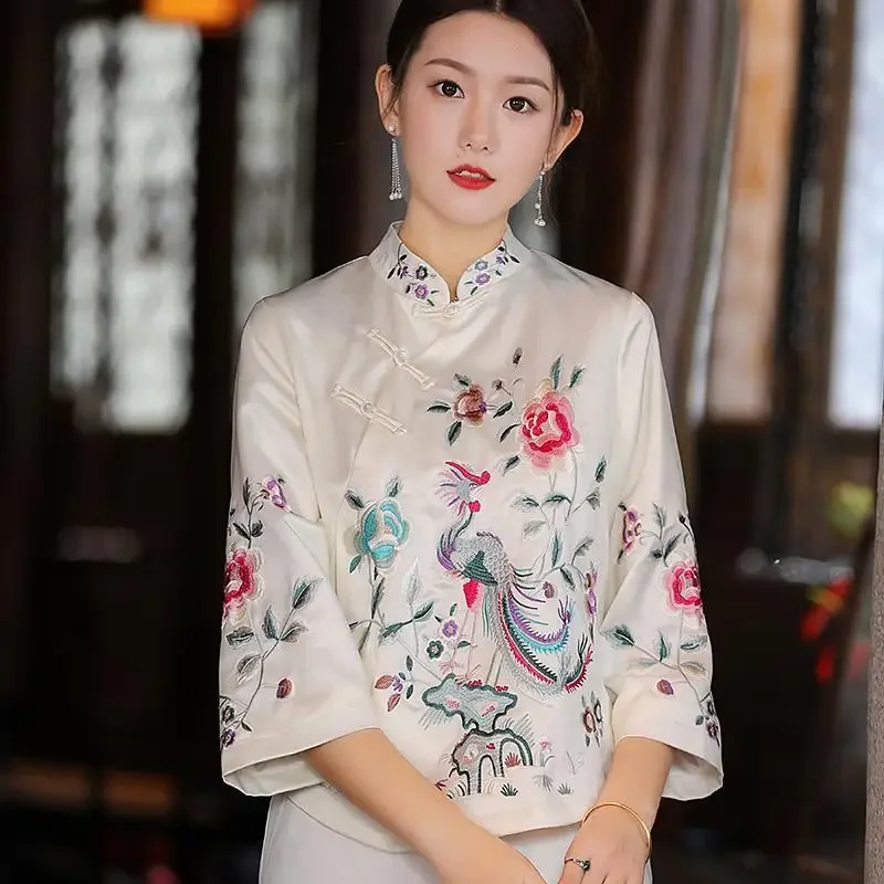 

New Spring and Autumn Ethnic Style Tang Suit Coat Retro Embroidery Button Chinese Top Women's Top Elegant Loose Blouse Hanfu