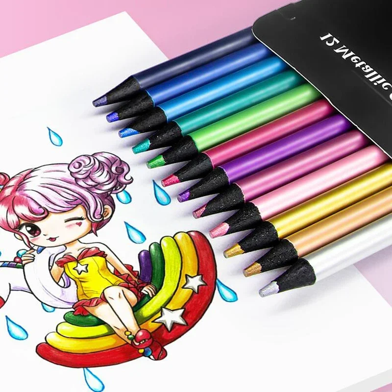 

12pcs Metallic Colored Pencil Vintage Wooden Pencils DIY Drawing Painting Sketching Tools Korean Stationery Office Supplies