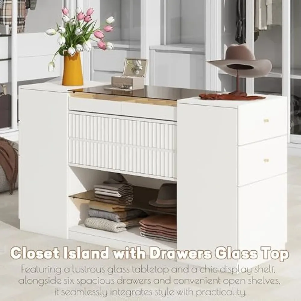 Modern Closet Island with Drawers Glass Top, Multi-Function Armoire Bedroom Island with Display Shelf & 6 Drawers, Wooden Closet 3