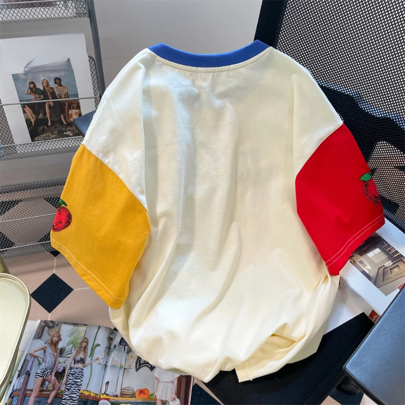 American Chic T Shirts Contrast Color Letter Print O Neck Short Sleeve Tops Summer Casual Loose Preppy Style Women's Clothing 2