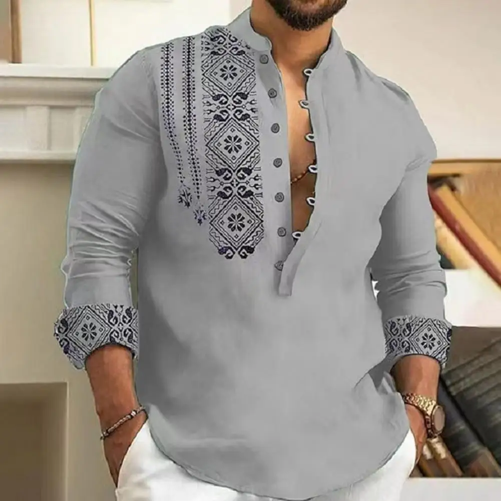 

Vintage Men Fall Spring Shirt Long Sleeve Print Half Single-breasted Men Top Slim Fit Stand Collar Casual Office Top