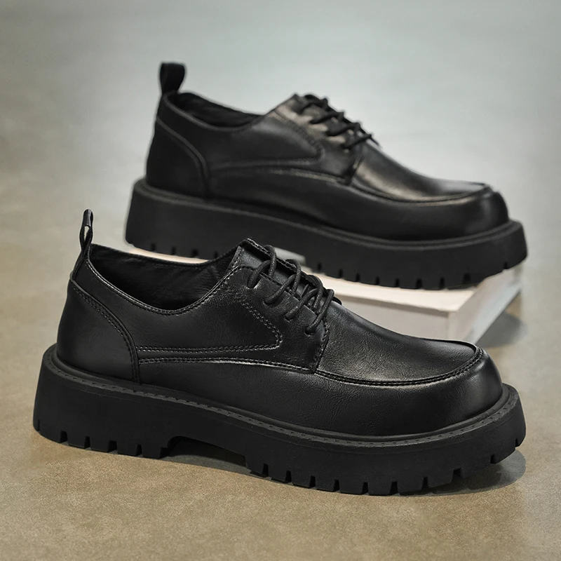 Fashion Black Leather Derby Shoes for Men Thick-soled Wedding Shoes Formal Business Lace-Up Casual Platform Loafers