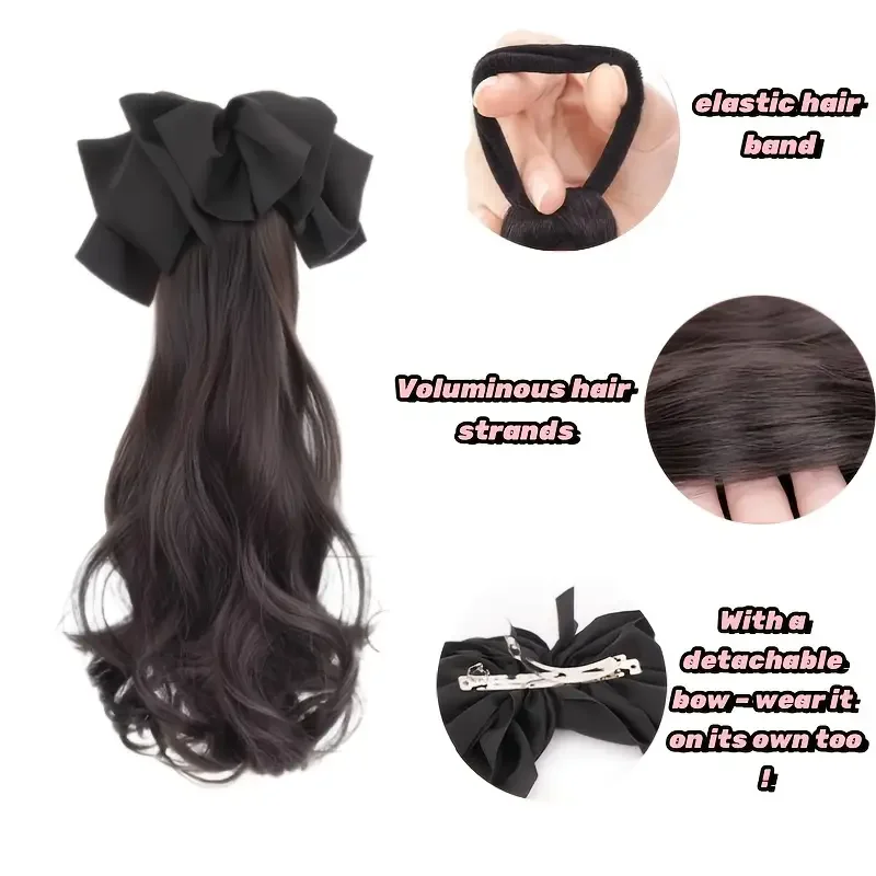 Long Wavy Synthetic Ponytail Extension With Free Big Bow Hair Clip Set Natural Look Heat Resistant Hairpiece For Christmas Party
