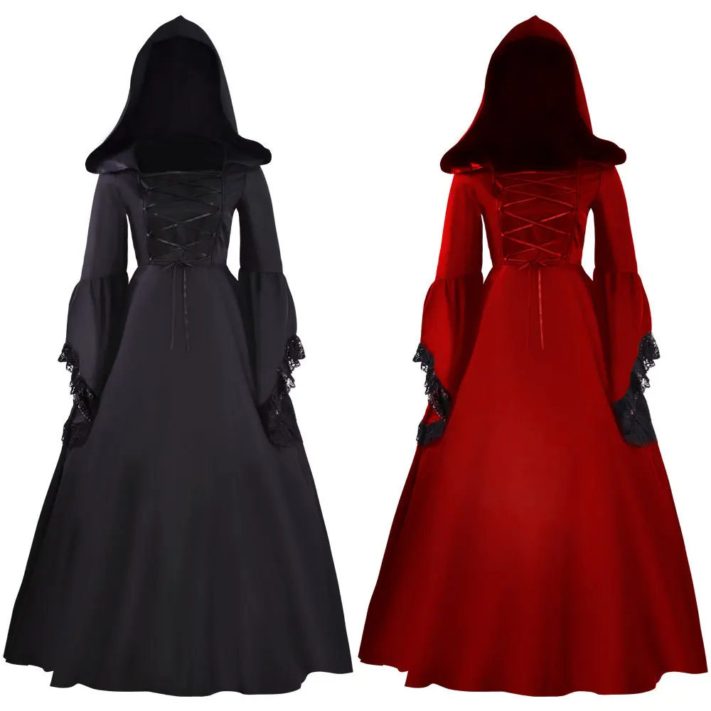 QIANLAIA Damen Halloween-Kleid Im Mittelalter-Hexen-Stil – Gotisches Renaissance-Kleid Mit Kapuze, Baumwolle-Polyester