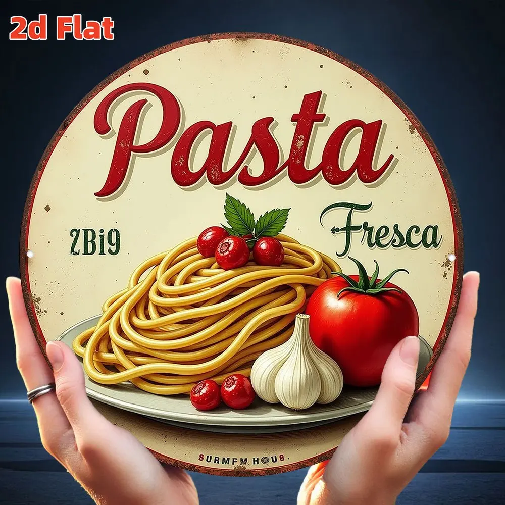 2D flaches 1-teiliges italienisches Nudeln-Wandbild aus Holz, kreisförmige Retro-Küchendekoration aus Holz, Pasta, Kirschtomate und Knoblauch-Design – Detail 6