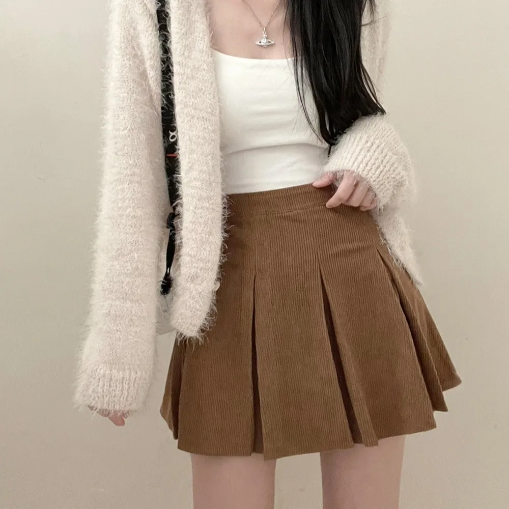 Retro Corduroy A-Line  Skirt High Waist Slimming Pleated Design Autumn Winter Faion Ladies' Commute Sle Ciwalk