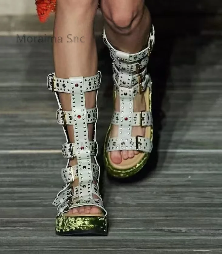

Rivet Belt Buckle Hollow Sandals for Women Summer Flat Heighten Roman Sandals Boots Open Toe Casual Nightclub Catwalk Shoes